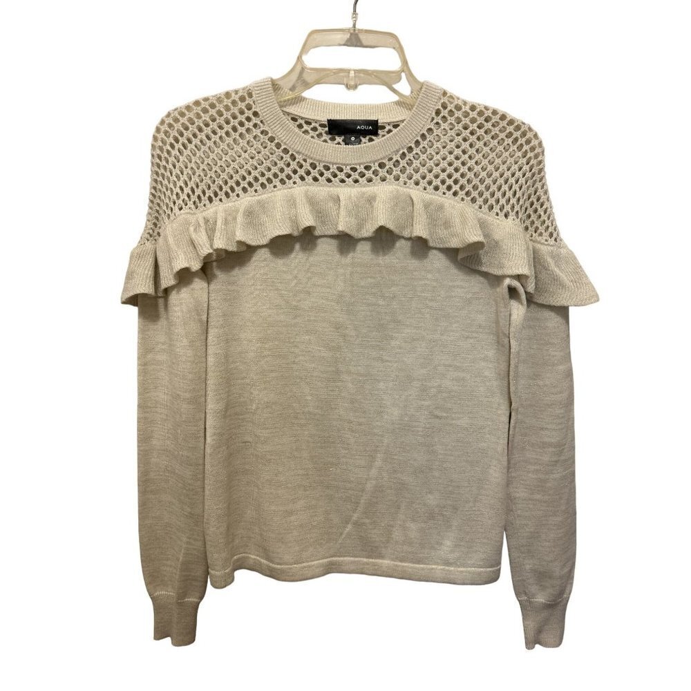 Women's Size XSmall AQUA Cotton Sweater Cream Gold Ruffles